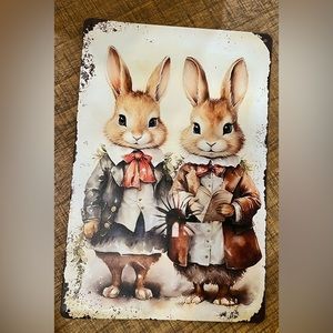 Bunny Rabbits tin metal sign Easter Spring Wall decor cute